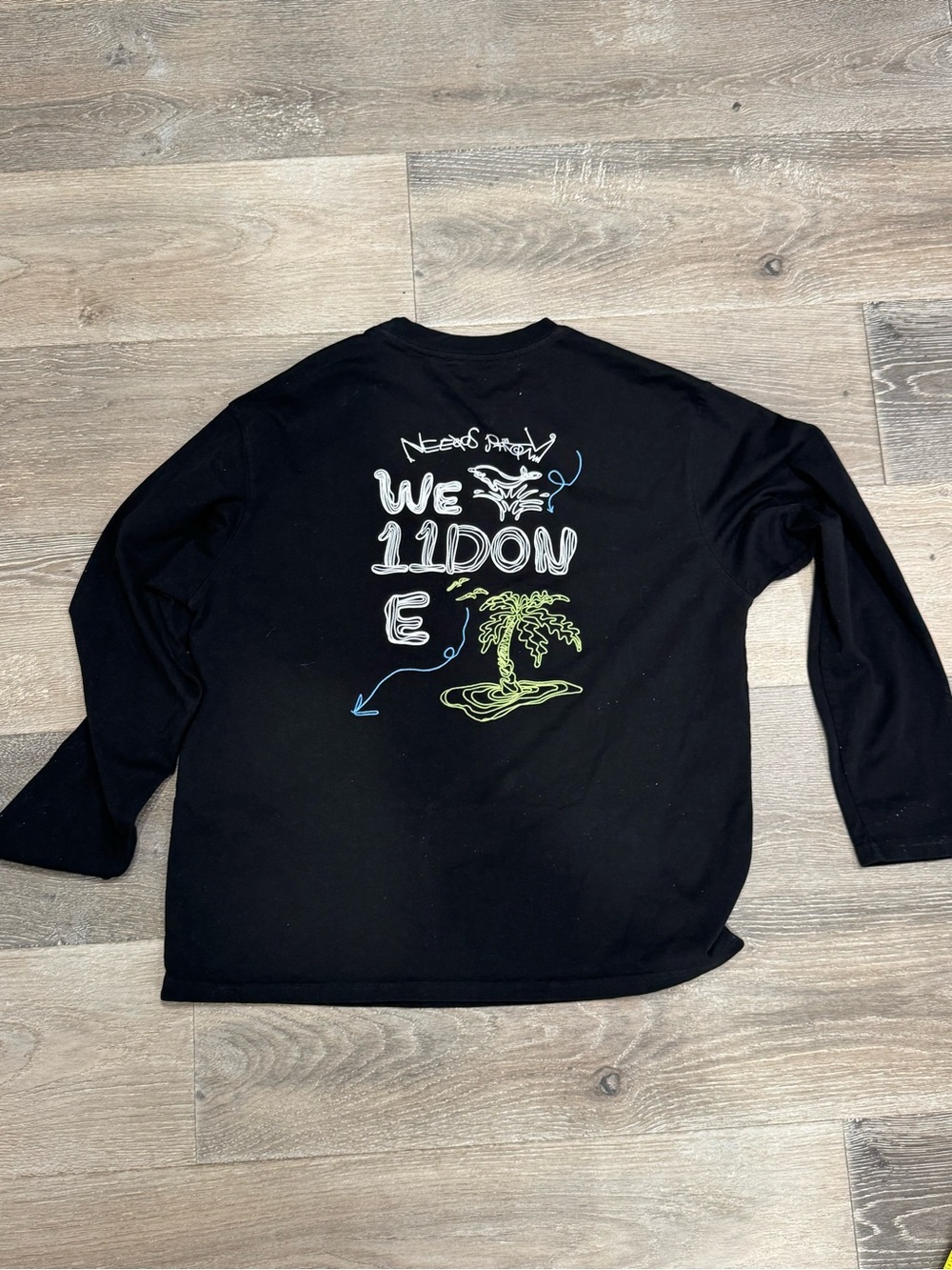 We11done Black Long-Sleeve Graphic Tee with Island Print 1227